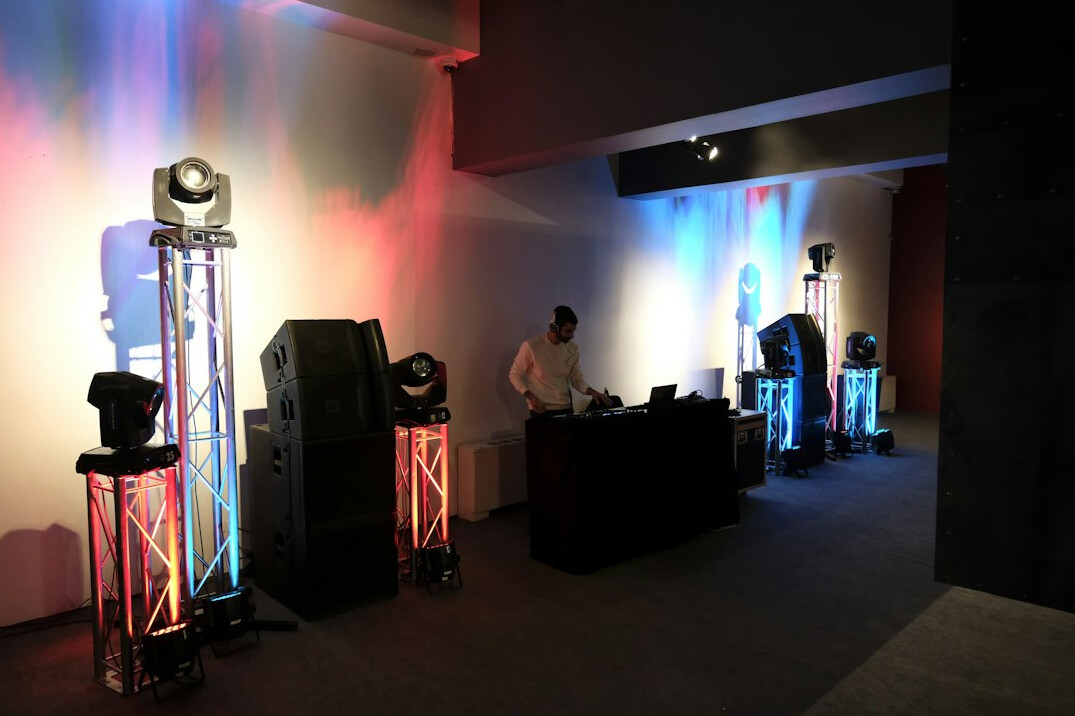 Coloured studio lights and sound equipment for a live show