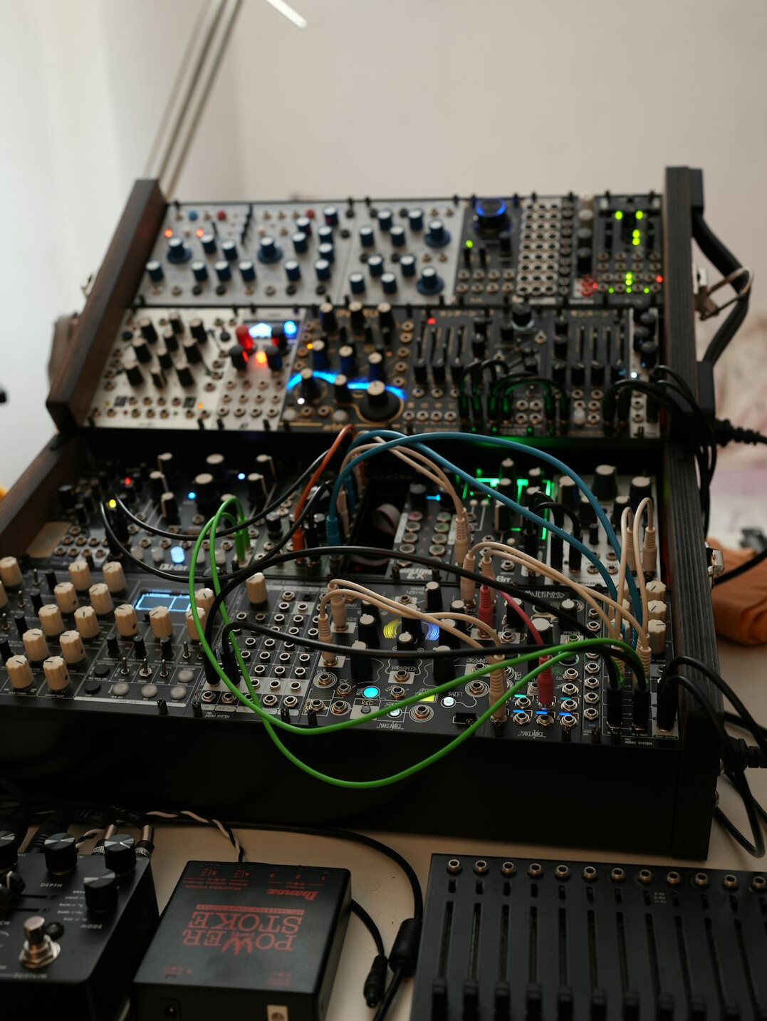 Studio equipment racks and cabling during setup