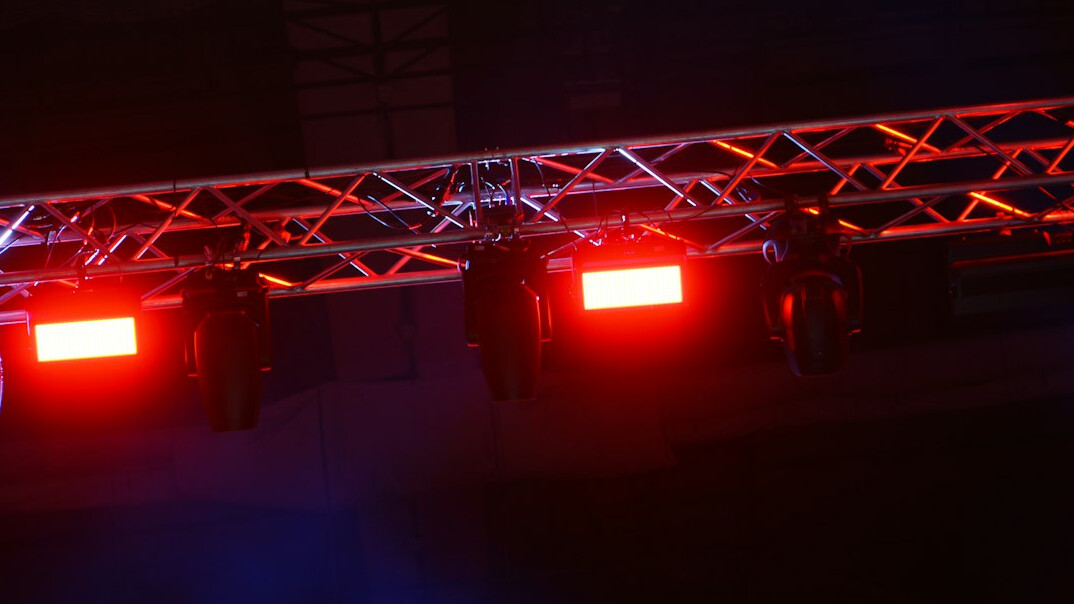 Stage lighting rig with bright spotlights